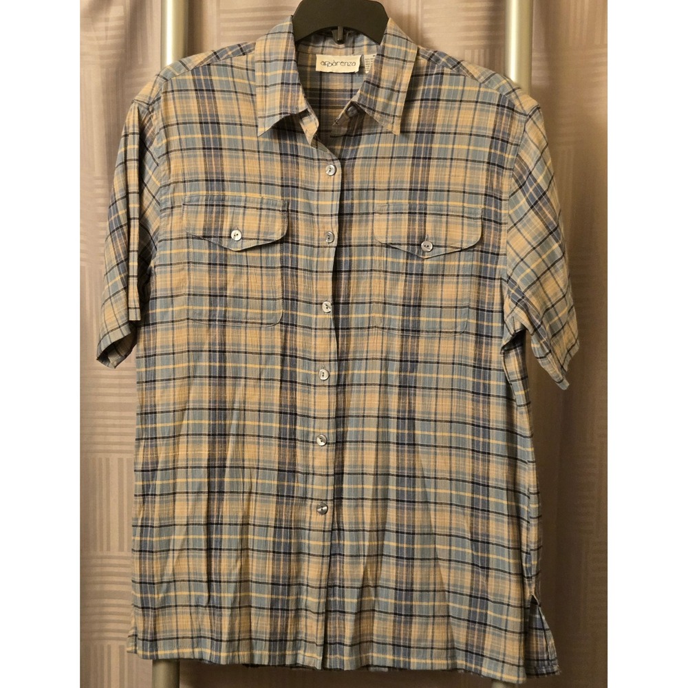 Apparenza Womens Plaid Button Down Shirt Blue Yellow Short Sleeve Size M